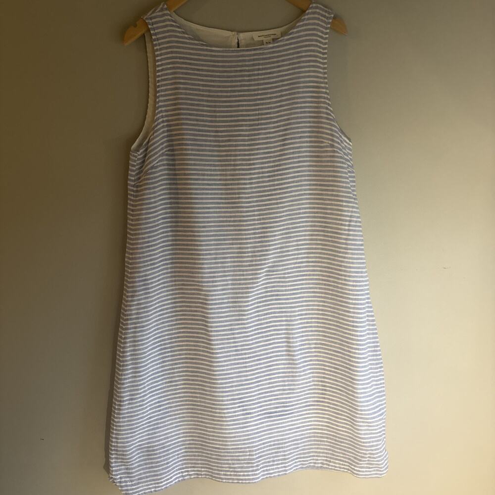 Beach Lunch Lounge Sleeveless Shift Dress Womens M Blue White Stripe Linen Blend